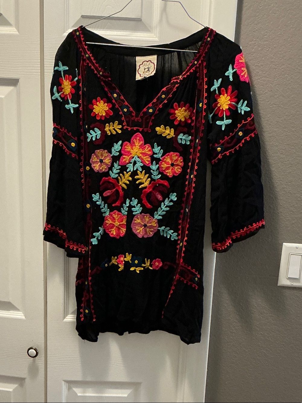 Embroidered V-Neck Women's Sweater - Black with Multicolor Floral Embroidery